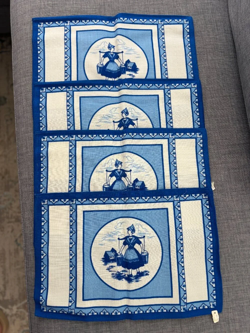 Delft Placemats Blue White Linen Print Milk Maiden NEW w/tags 4 Piece